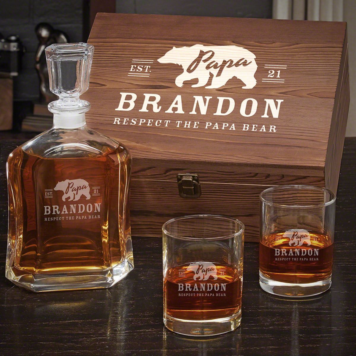 Papa Bear Bourbon Decanter Gift for Dad With Eastham Glasses