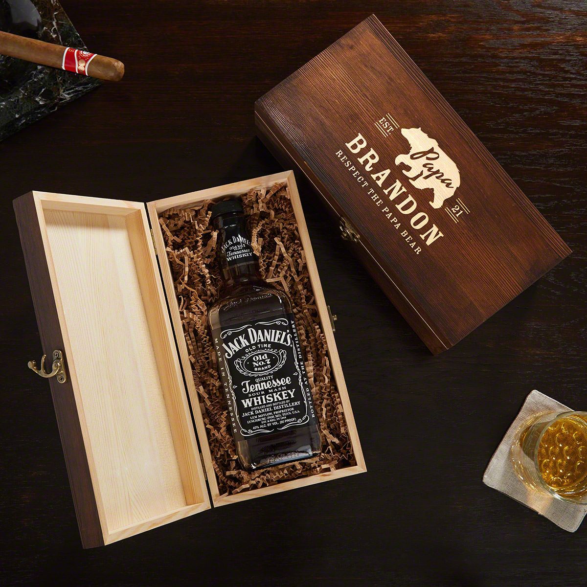 whiskey bottle gift box crafted from high-quality maple wood and has metal hinges and a strong latch, engraved your chosen message