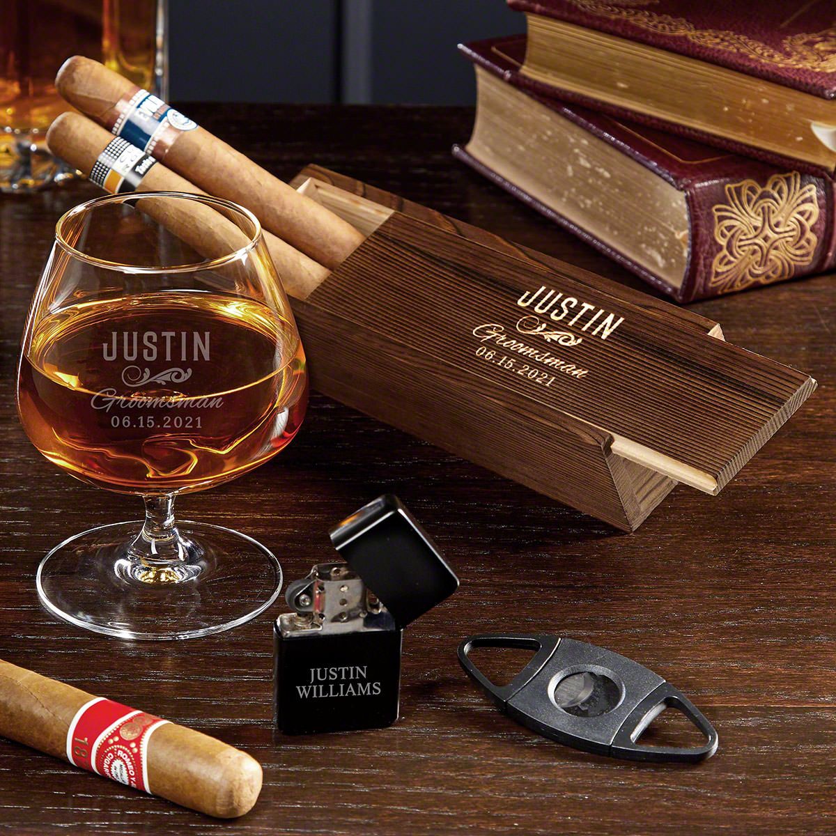Classic Groomsman Engraved Cognac Cigar Box Set Groomsmen Gift