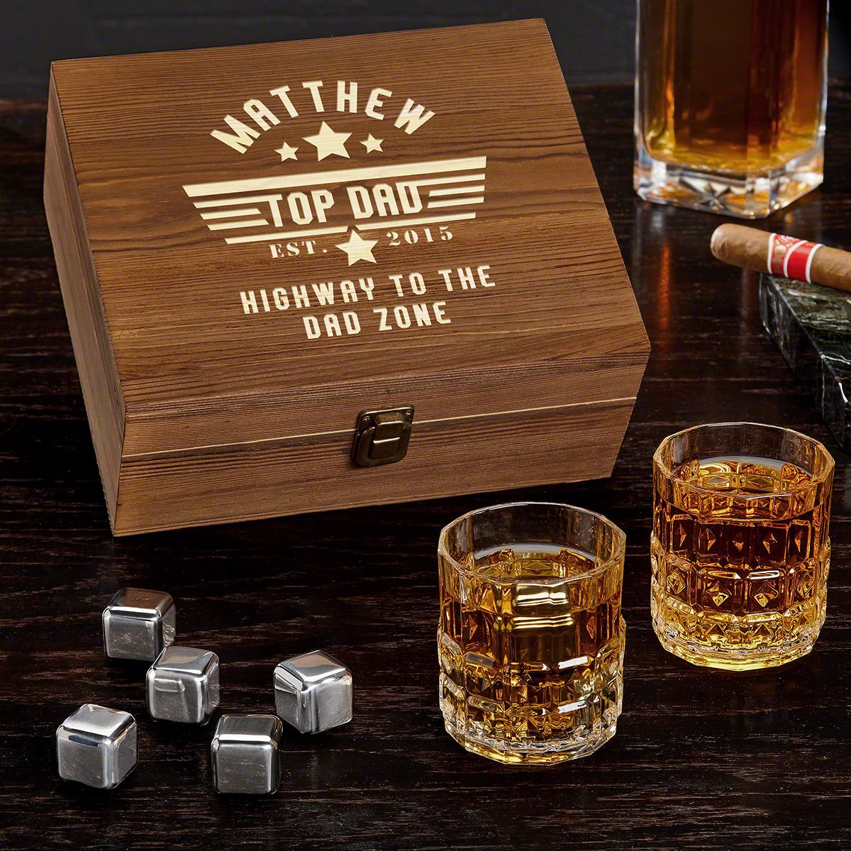 Top Dad Engraved Whiskey Stone Box Set Gift for Dad
