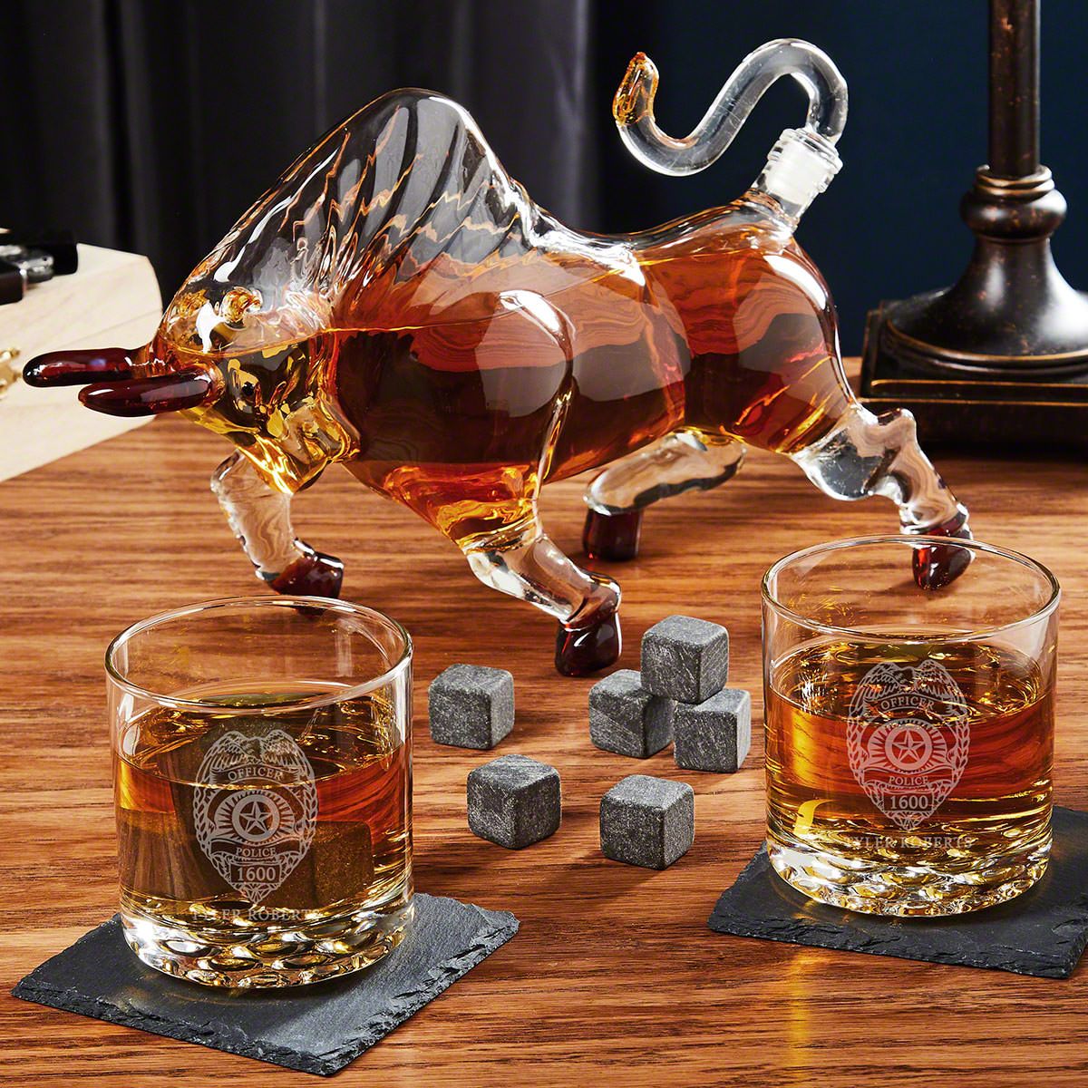 Police Badge Engraved Whiskey Glasses with El Matador Bull Decanter - Gifts for Police Officers