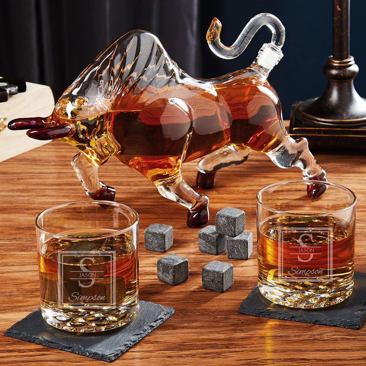 Oakhill Custom Buckman Whiskey Glasses and El Matador Bull Whiskey Decanter Set