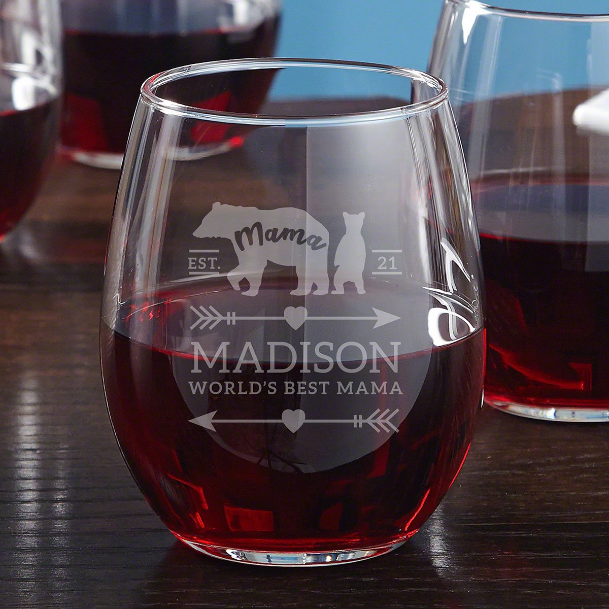 Mama Bear Engraved Stemless Wine Glass Gift for Mom