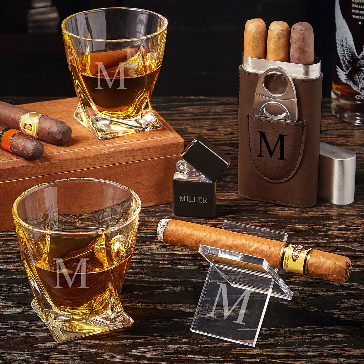 Single Initial Engraved Whiskey and Cigar Gift Set