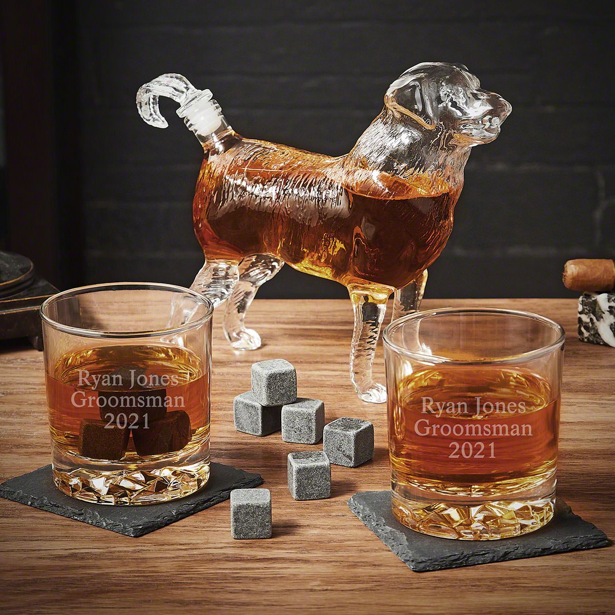 Dog Liquor Decanter Set with Personalized Whiskey Glasses