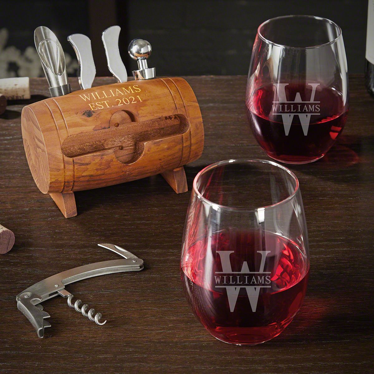 Oakmont Personalized Wine Opener Set with Wine Glasses