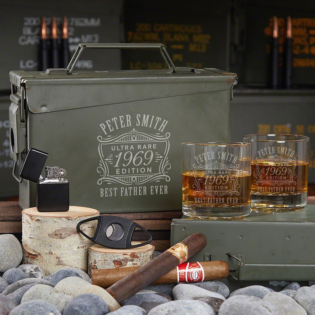 Ultra Rare Edition Personalized All the Vices 30 Cal Ammo Can Whiskey Gift Set