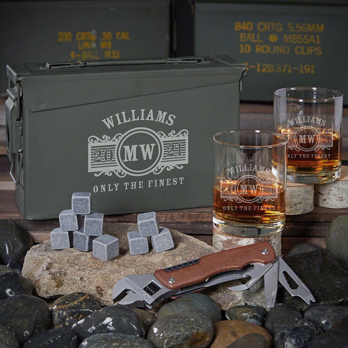 Marquee 30 Cal Ammo Can Whiskey Set Custom Gifts for Him