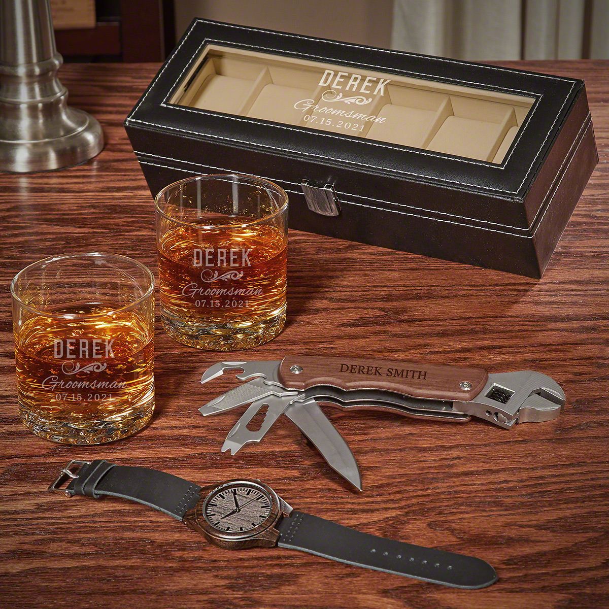 Classic Groomsman Personalized Buckman Glasses and Watch Set Unique Groomsmen Gifts