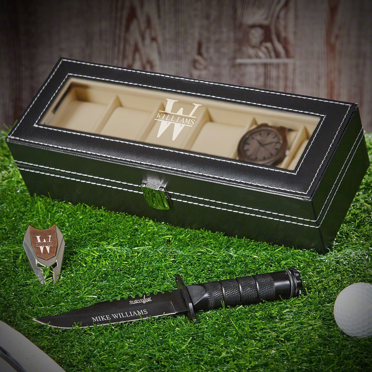 Oakmont Watch Box and Knife Set of Engraved Gift Ideas for Him