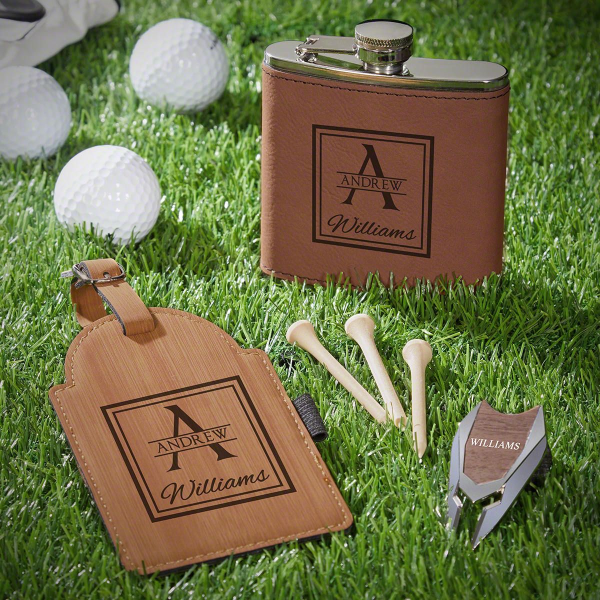 Bamboo Personalized Leatherette Flask Gift Set Crosshair Custom Engraved