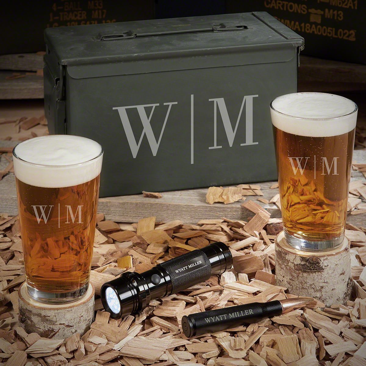 Quinton Monogrammed 50 Cal Ammo Can Set of Beer Lover Gifts with Flashlight