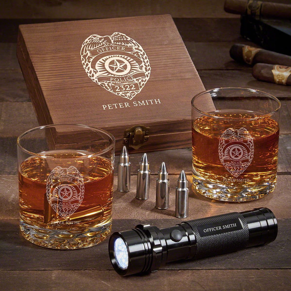 Police Badge Personalized Buckman Whiskey Police Gifts with Flashlight