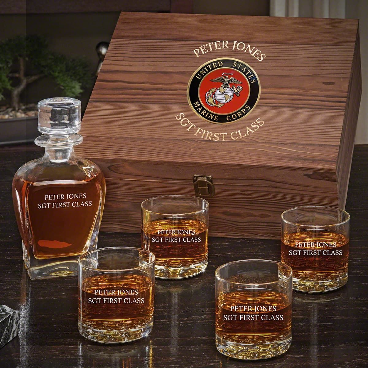 Two Lines Personalized Marine Corps Gifts Draper Decanter Set