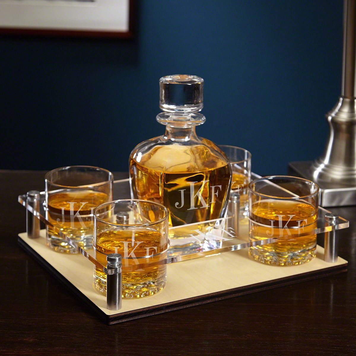 Classic Monogram Whiskey Decanter Tray with Glasses 6 pc Set