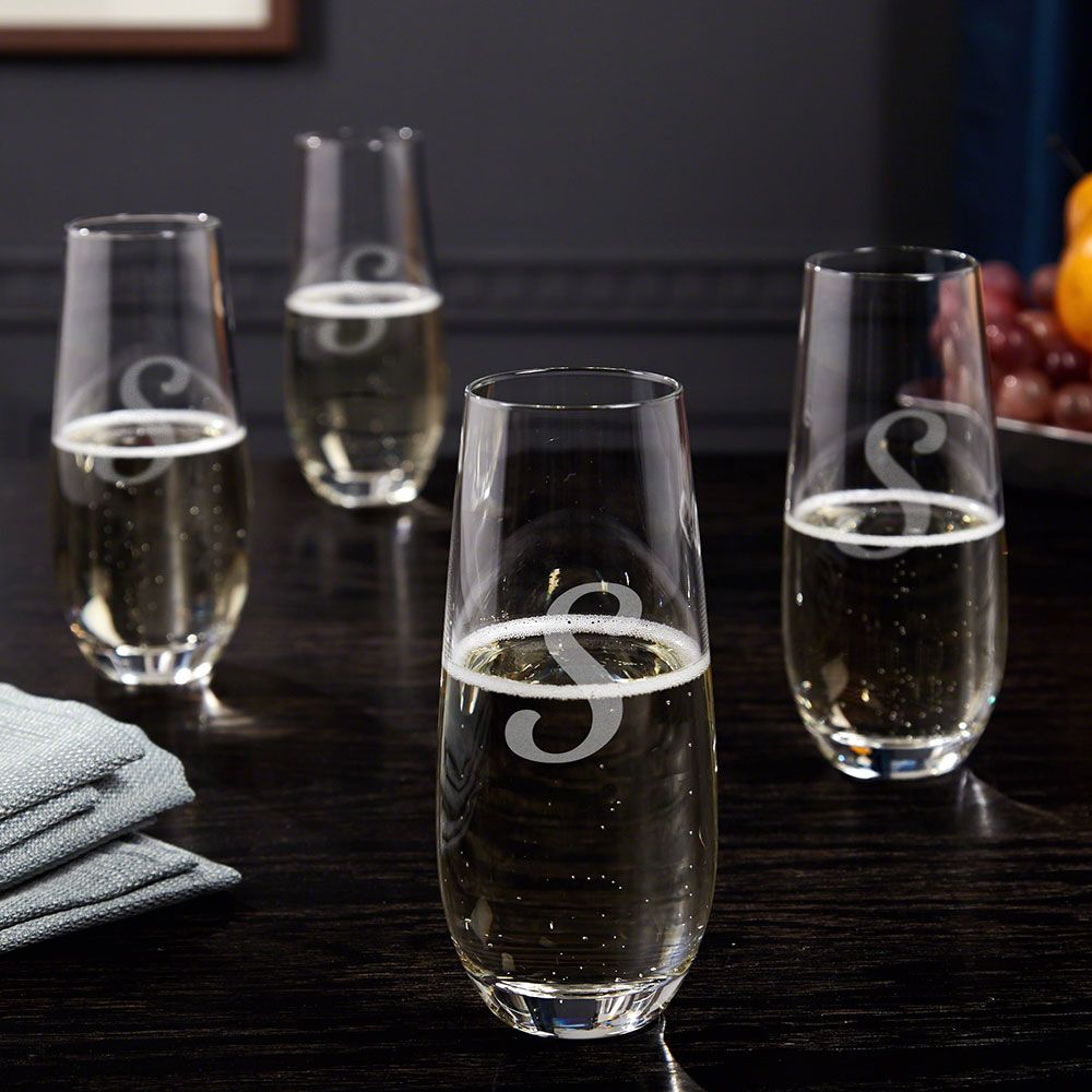 Reims Engraved Stemless Champagne Flutes, Set of 4