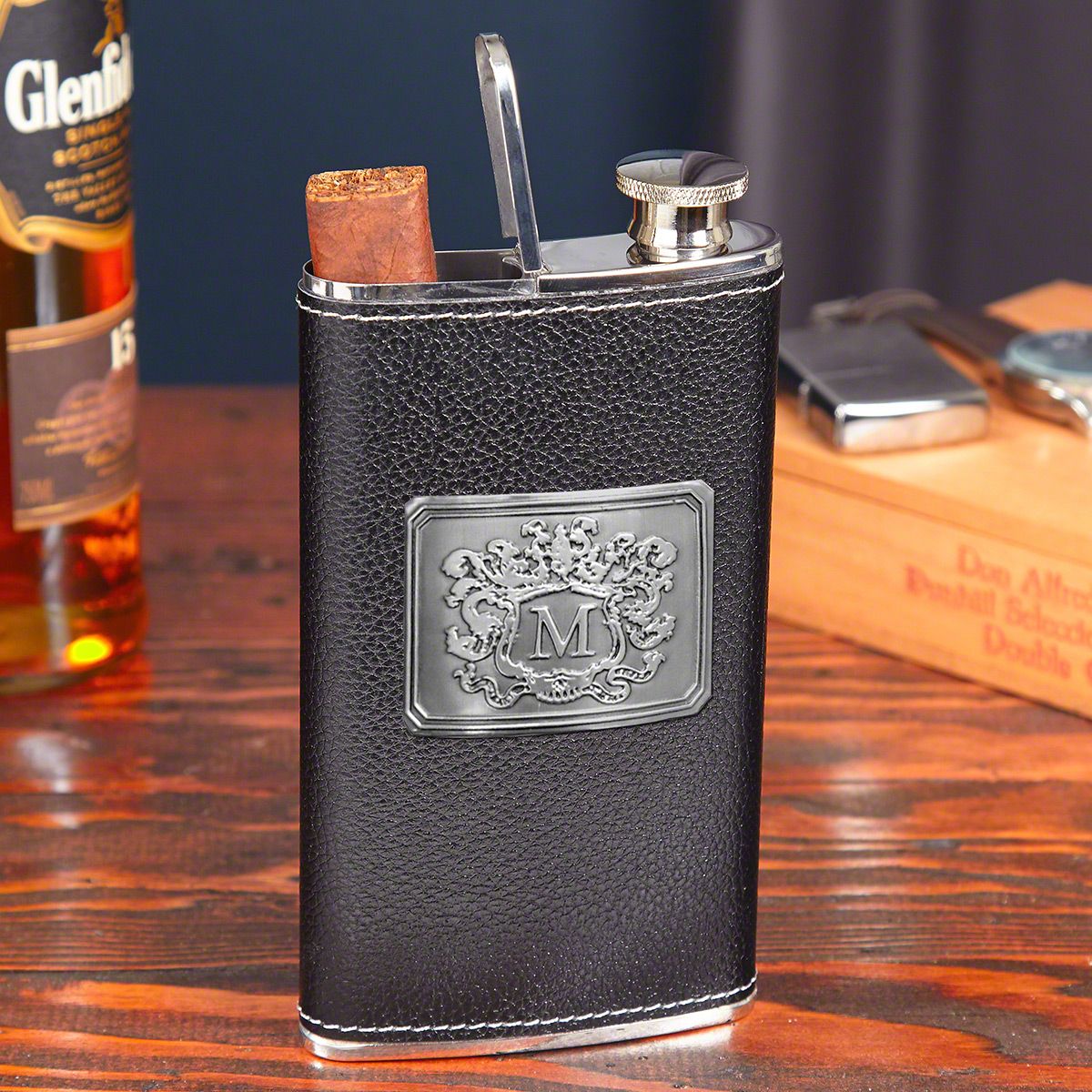 Black Authentic Leather 2-in-1 Cigar Flask