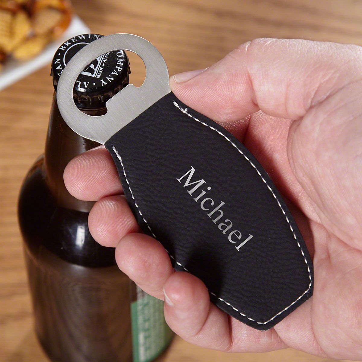 Black & Silver Engravable Beer Bottle Opener Personalized With Name In A Classy Style As A Great Gift For Men