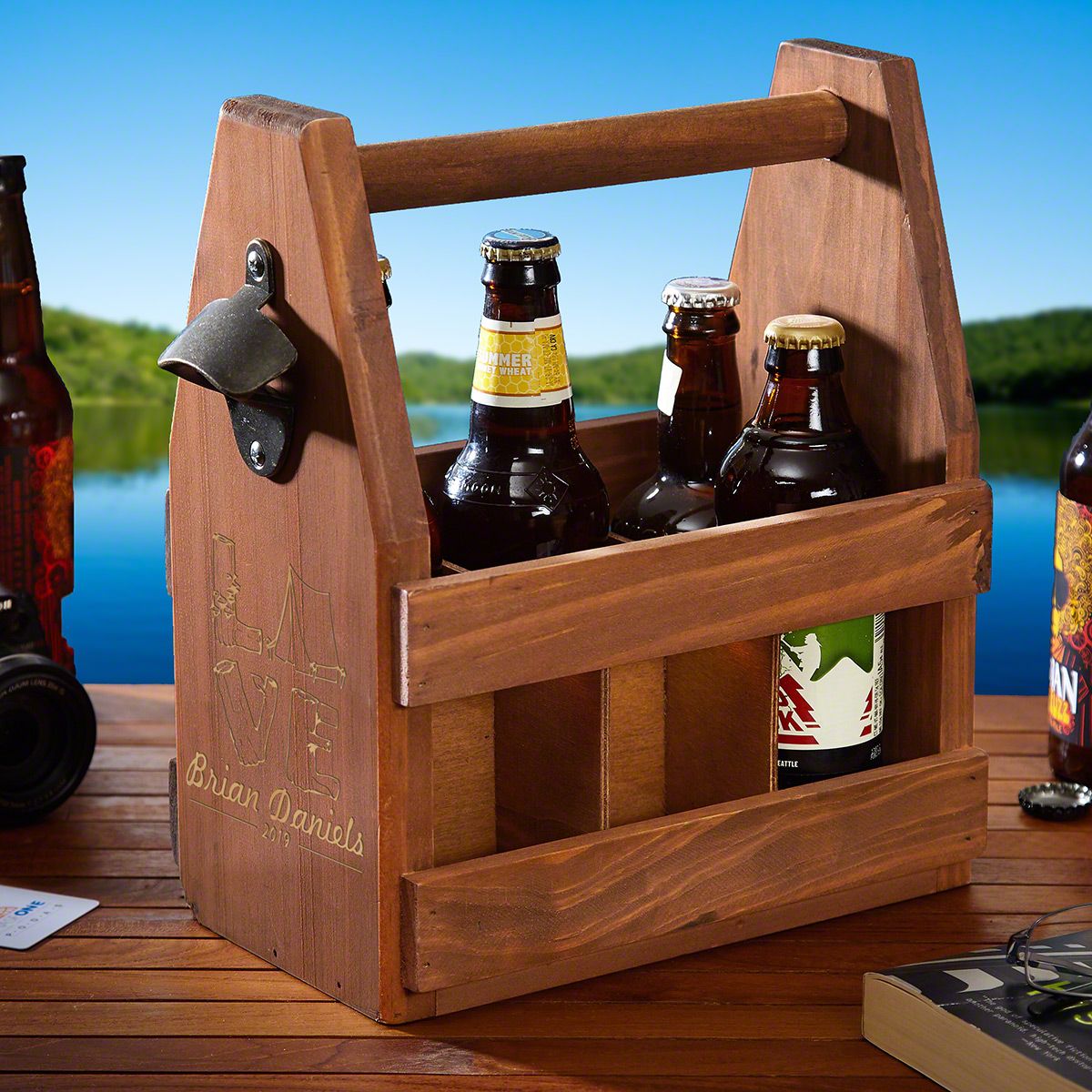Love For Camping Personalized Wooden Beer Bottle Holder