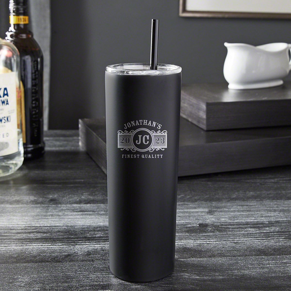 Black Tumbler with Straw Engraved with Marquee