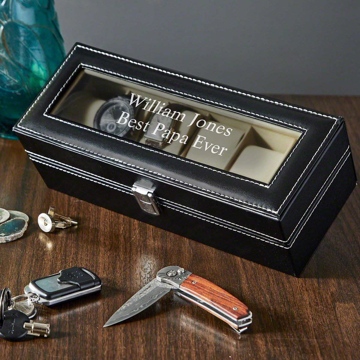 Engraved Gifts for Him Damascus Knife and Watch Case Set
