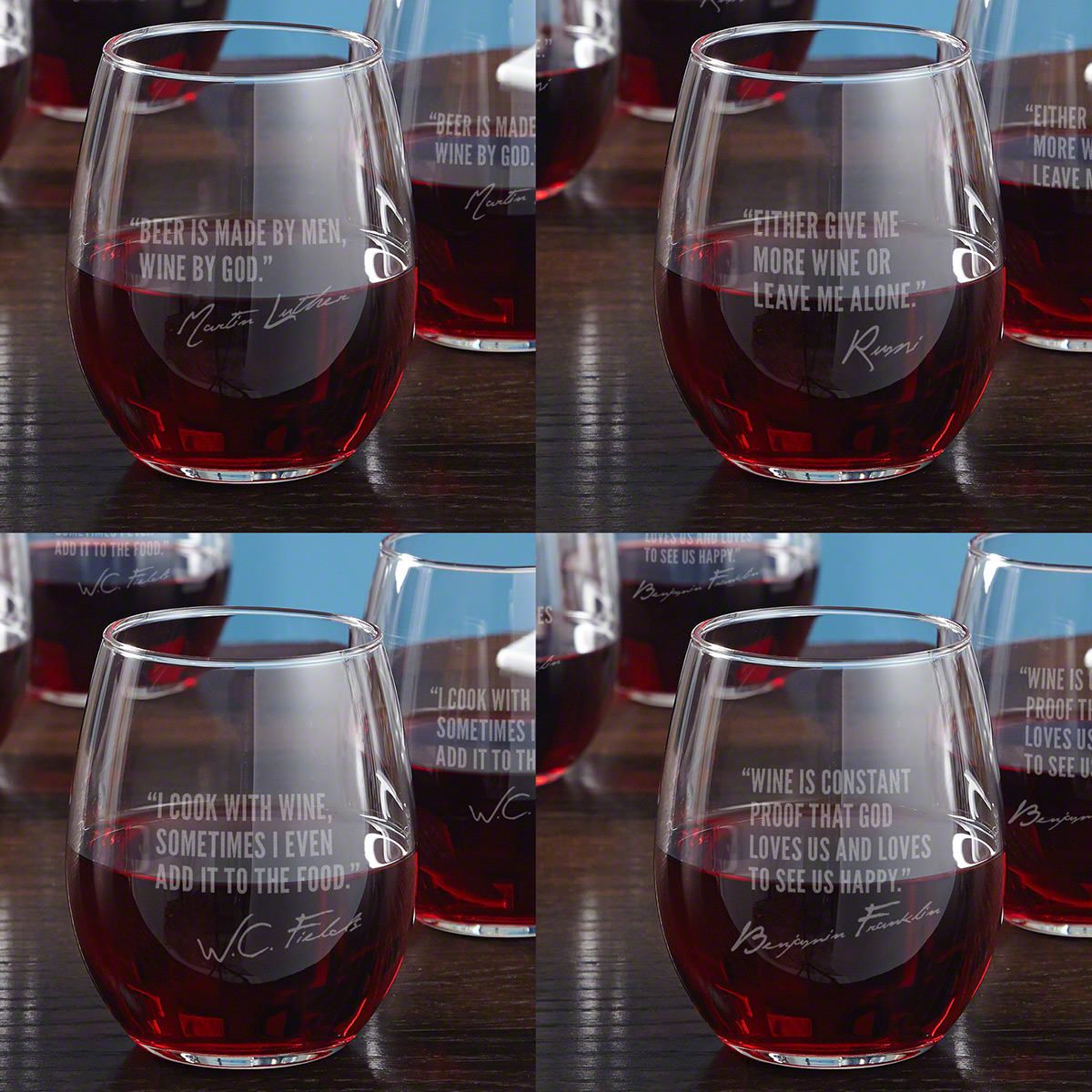 Famous Men of Wine Etched Stemless Glass set of 4 (4 Designs)
