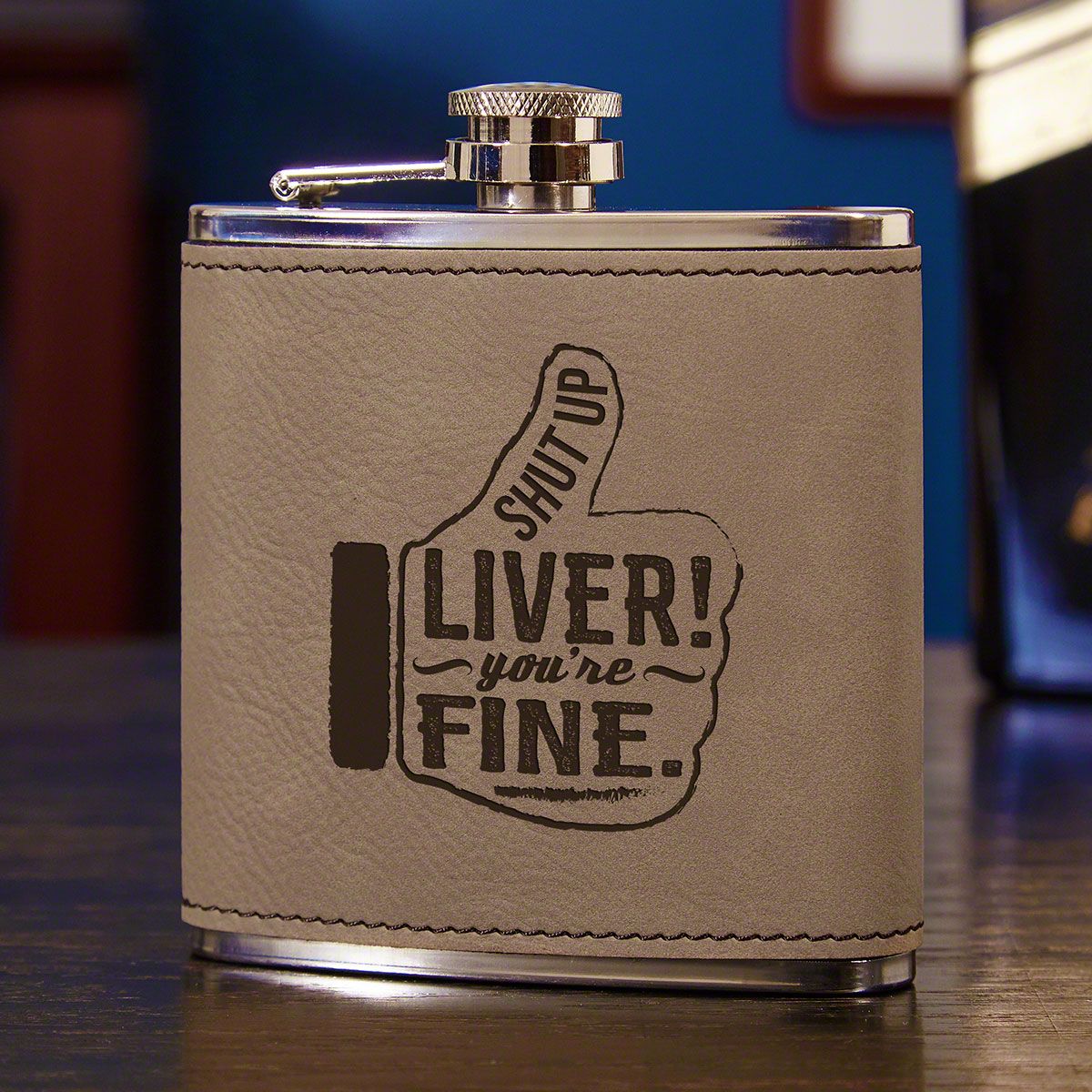 Personalized flask wrapped in gravel stone-colored faux leather make great gifts for him on valentine