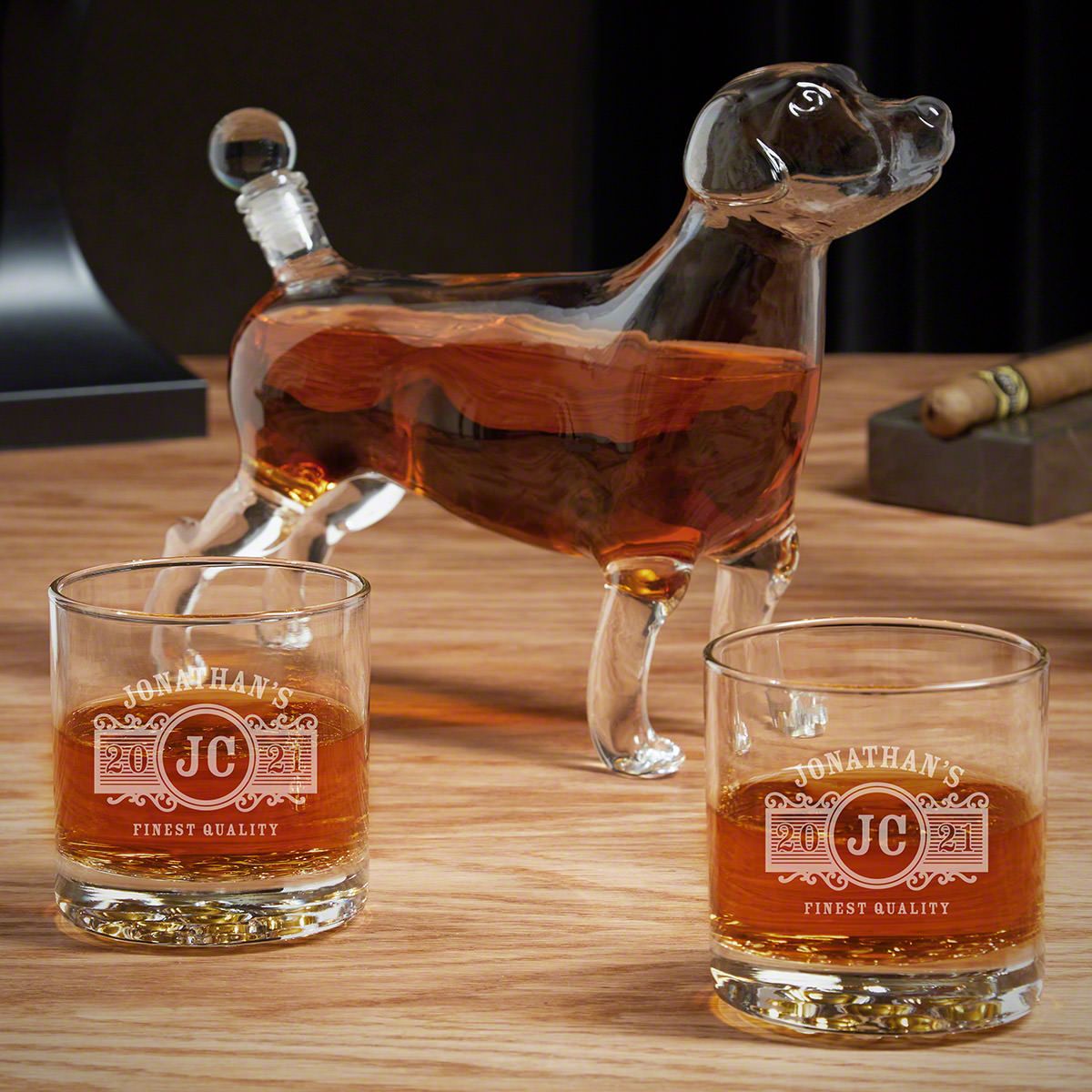 Marquee Labrador Dog Decanter Set with Custom Whiskey Glasses