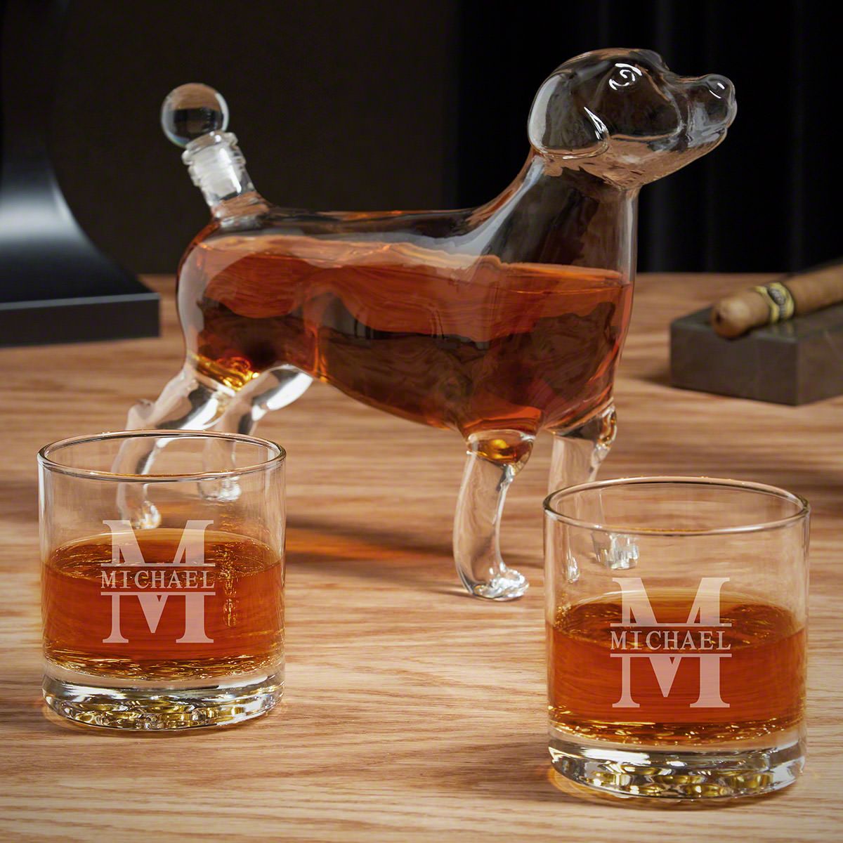 Oakmont Engraved Whiskey Glasses and Dog Decanter Set