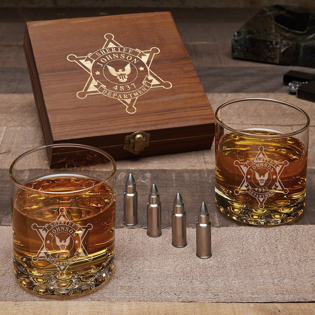 Sheriff Badge Personalized Bullet Whiskey Stones Set
