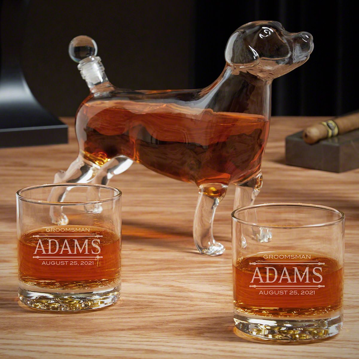 Stanford Personalized Whiskey Glasses and Dog Decanter Set