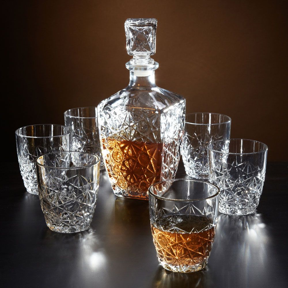 Marquise Cut Whiskey Decanter and Glasses, 7-Piece Set
