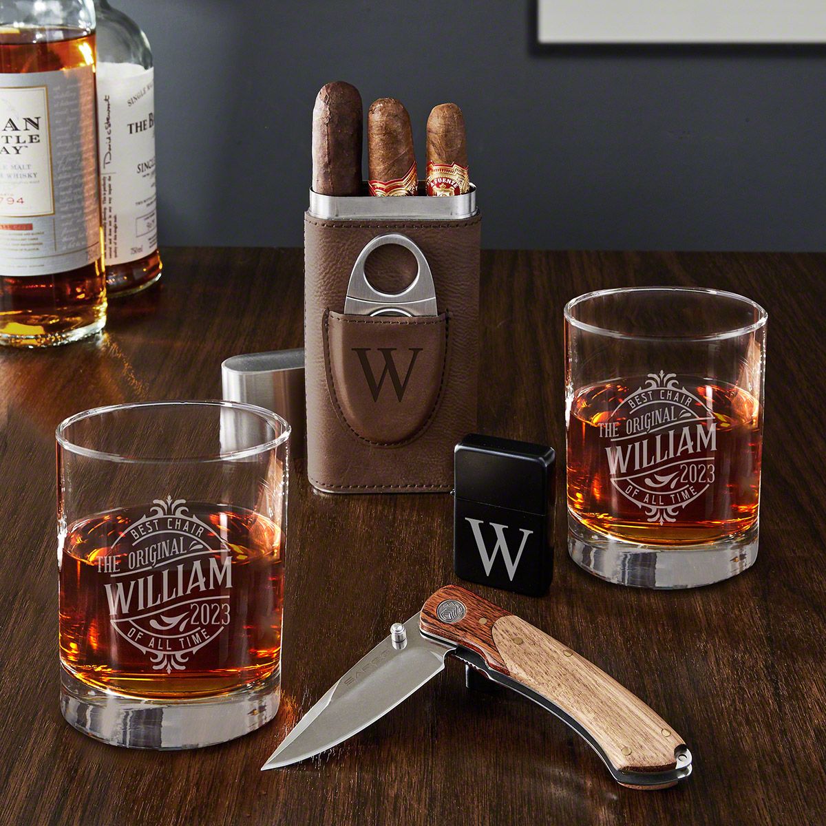 Whiskey and Cigar Gift Set for Men Engraved with Maddux
