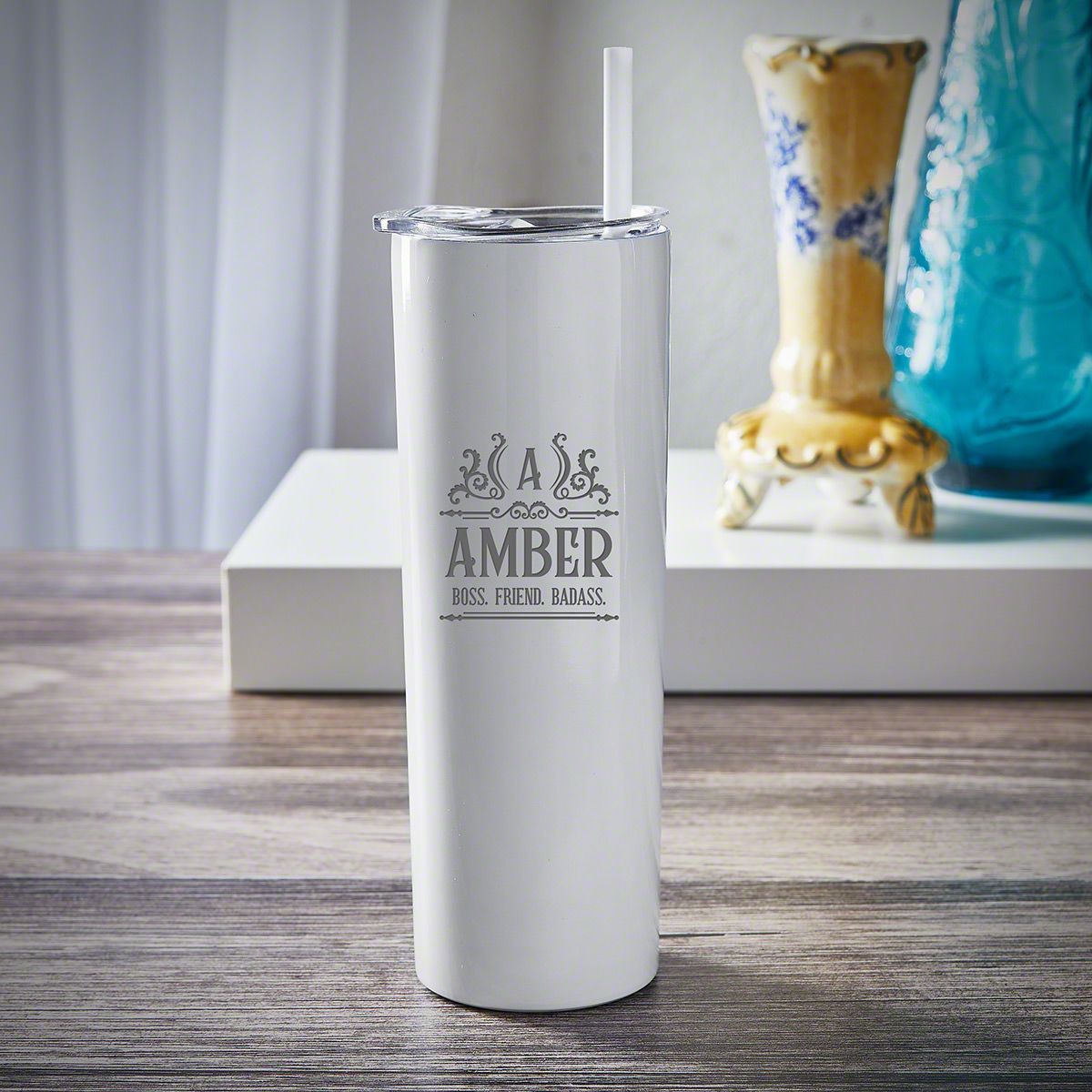 White Personalized Tumbler with Straw Canterbury