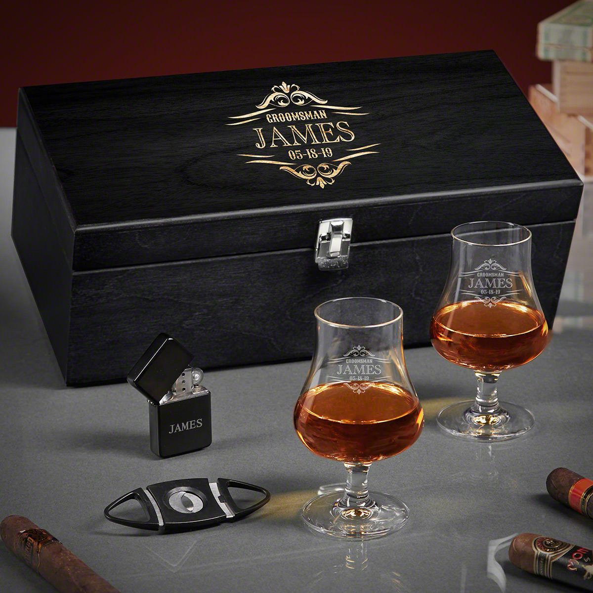 Wilshire Engraved Whiskey and Cigar Gift Set