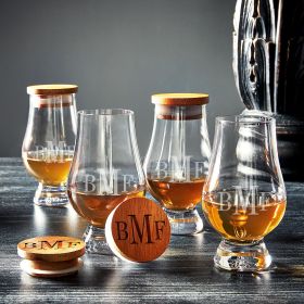 Classic Monogram Engraved Glencairn Glasses and Toppers Set of 4