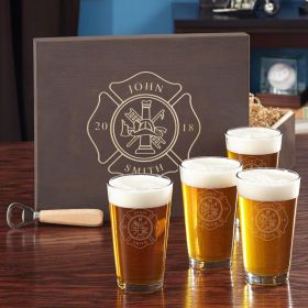 Firefighter Custom Beer Set with Engraved Wood Gift Box