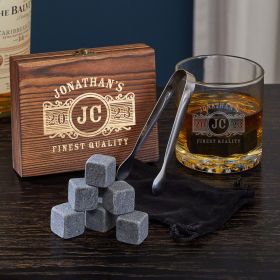 Marquee Engraved Whiskey Chilling Stones and Rocks Glass Set 