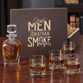 Great Men Smoke Cigars Engraved Liquor Decanter and Scotch Glass Box Set