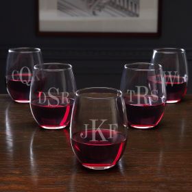 Classic Monogram Stemless Personalized Bridesmaid Wine Glasses - 5 Piece Set