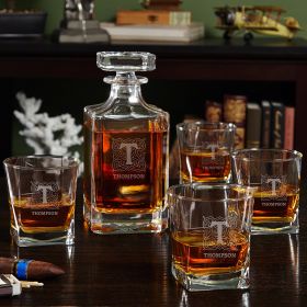 Brannon Personalized Whiskey Decanter Set with Carson Decanter and Square Rocks Glasses