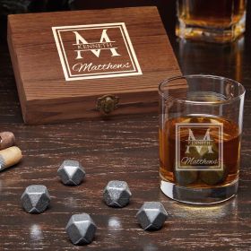 4 Whisky Scotch Bourbon Chilling Stones Slate Coasters for Whiskey Whiskey Rock Glass Christmas/Fathers Day/Birthday Gift/Present for Dad Boyfriend Whiskey Stones and Glass Gift Set for Men 