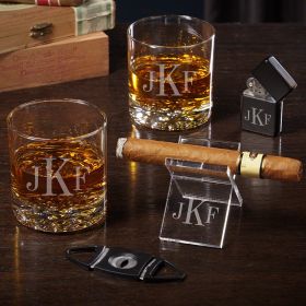 Classic Monogram Personalized Cigar Gift Set with Buckman Glasses