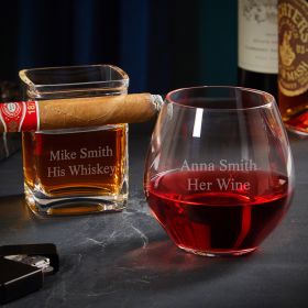 Personalized Whiskey Cigar Glass and Wine Glass His and Hers Gifts