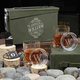 Maddux Personalized Sterling 30 Cal Cigar and Whiskey Gift Set
