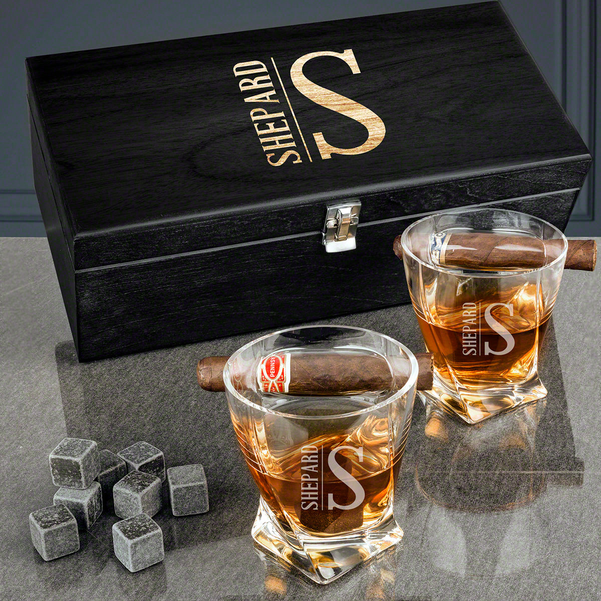 Elton Engraved Twist Cigar and Whiskey Gift Box