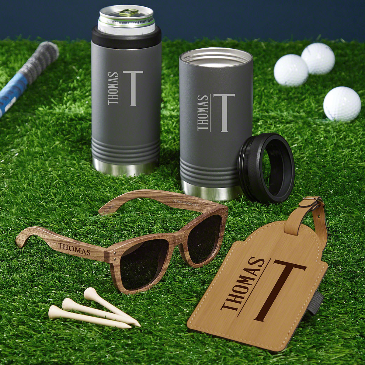 Elton Personalized Gunmetal Slim Can Cooler Set of Golf Gifts for Men