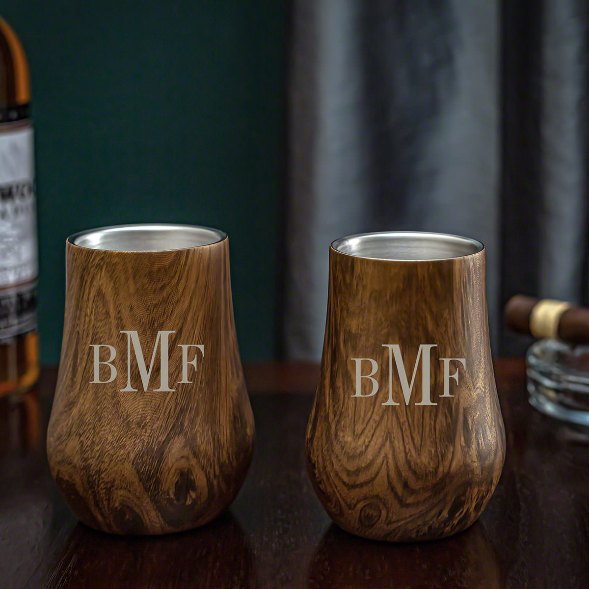 Engraved Wood Grain Double Wall Neat Glasses Set of 2 Classic Monogram