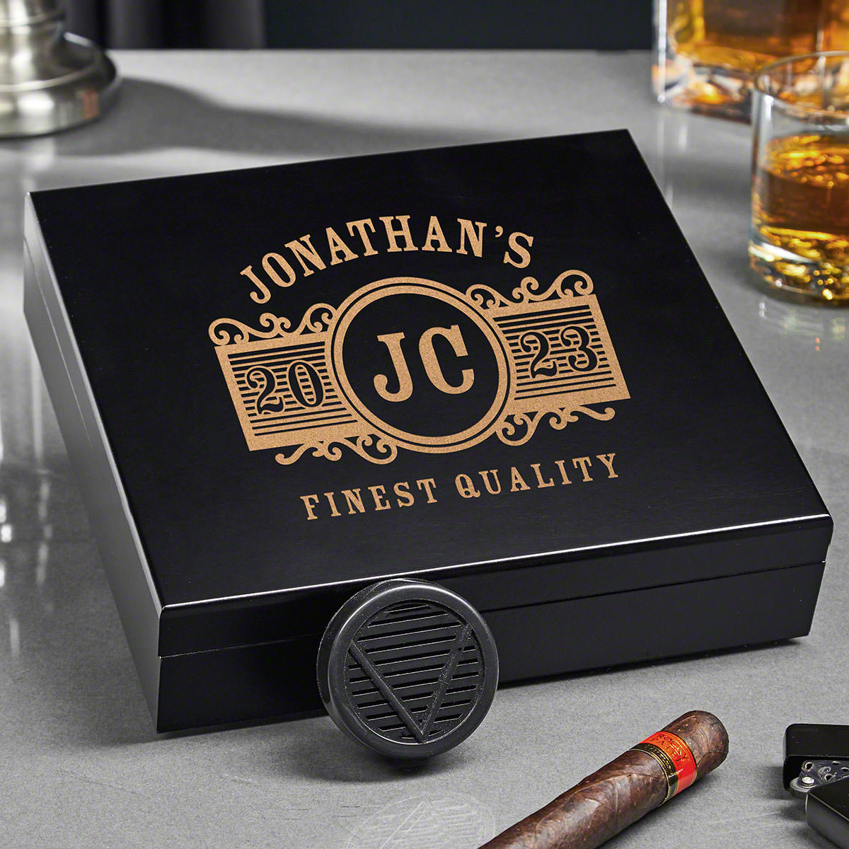Marquee Engraved Black Cigar Humidor 