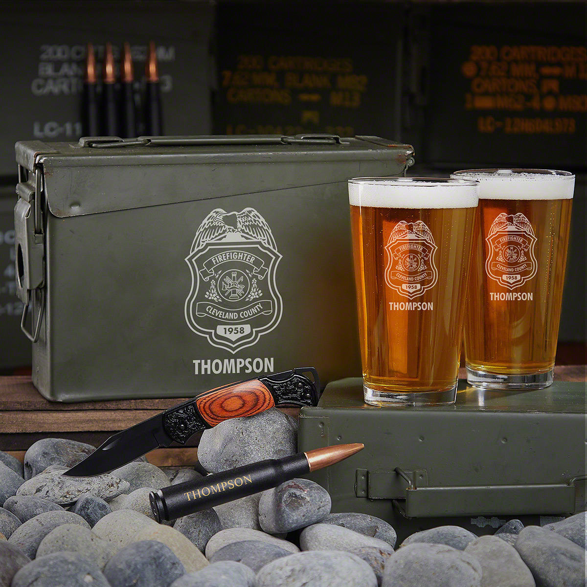 Personalized Firefighter Gifts 30 Cal Beer Set Firefighter Badge